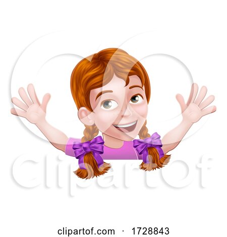 Girl Kid Cartoon Child Peeking over Sign Waving by AtStockIllustration
