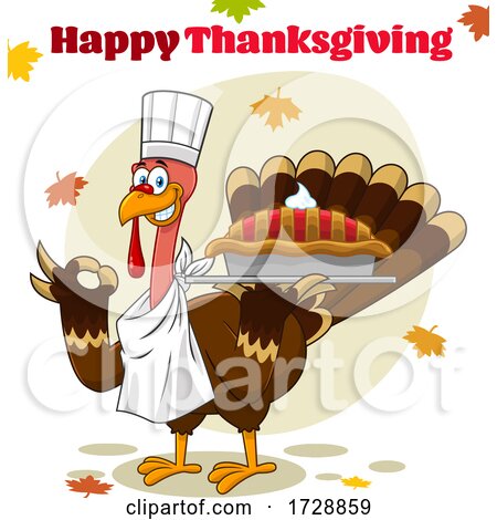 Turkey Bird Chef Holding a Pie with Happy Thanksgiving Text by Hit Toon
