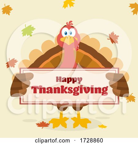Turkey Bird Holding a Happy Thanksgiving Sign with Leaves by Hit Toon