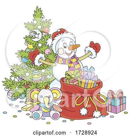 Christmas Snowman Santa by a Tree by Alex Bannykh