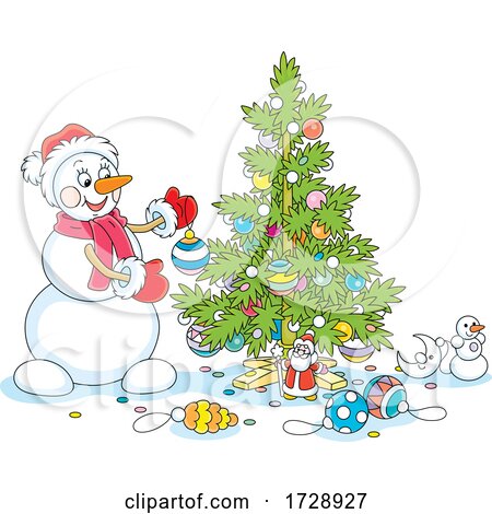 Christmas Snowman Decorating a Tree by Alex Bannykh