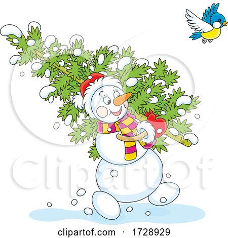 Christmas Snowman Carrying a Tree by Alex Bannykh