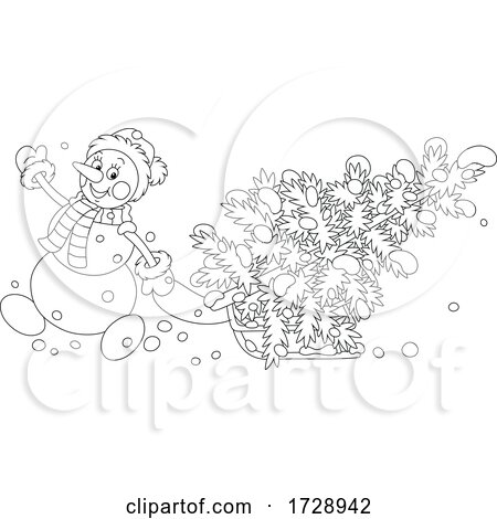 Snowman Dragging a Christmas Tree on a Sled by Alex Bannykh