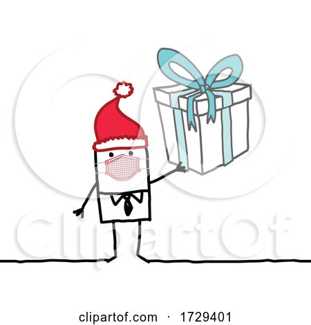 Stick Man Wearing a Mask and Holding a Christmas Gift by NL shop