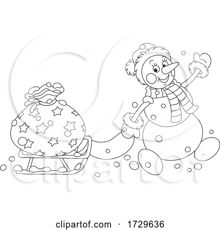 Black and White Santa Snowman Pulling a Sack on a Sled by Alex Bannykh
