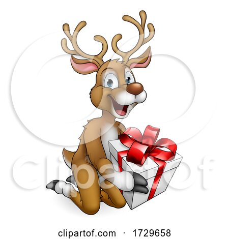 Christmas Reindeer with Gift Cartoon by AtStockIllustration