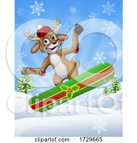 Christmas Reindeer Snowboarding in Snow Cartoon by AtStockIllustration