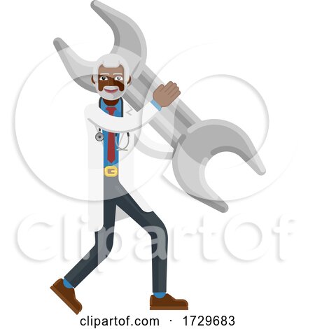 Mature Black Doctor Man Holding Spanner Wrench by AtStockIllustration