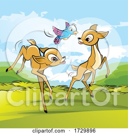 Cute Fawn Deer Playing with a Bird by Lal Perera