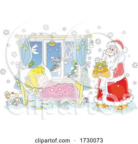 Reindeer Watching Through a Window As Santa Puts a Christmas Gift by a Sleeping Girls Bed by Alex Bannykh