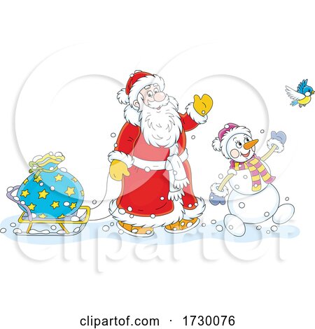 Santa and Snowman Waving on Christmas by Alex Bannykh