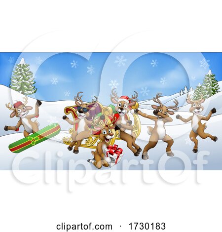 Christmas Fun Scene Santa Claus Sled Reindeer by AtStockIllustration