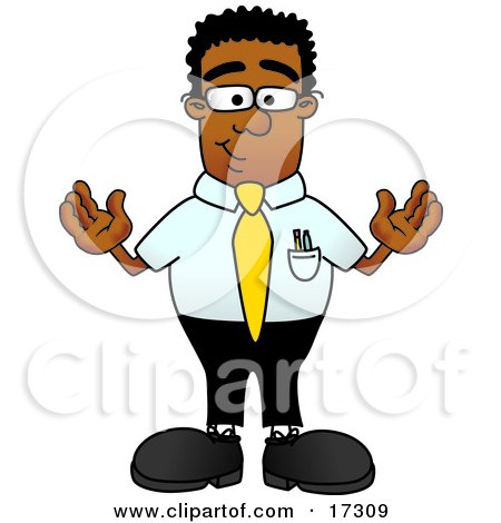 Clipart Picture of a Black Businessman Mascot Cartoon Character Standing With His Arms Out by Mascot Junction