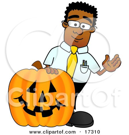 Clipart Picture of a Black Businessman Mascot Cartoon Character With a Carved Halloween Pumpkin  by Mascot Junction