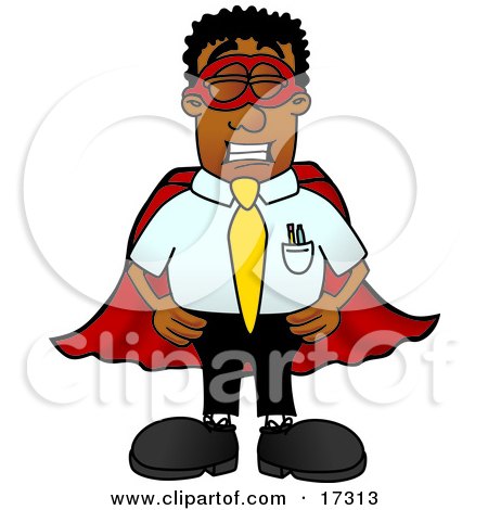 Clipart Picture of a Black Businessman Mascot Cartoon Character Dressed as a Super Hero by Mascot Junction