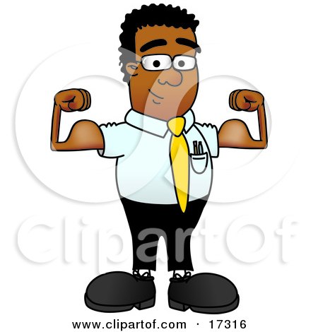 Clipart Picture of a Strong Black Businessman Mascot Cartoon Character Flexing His Arm Muscles by Mascot Junction
