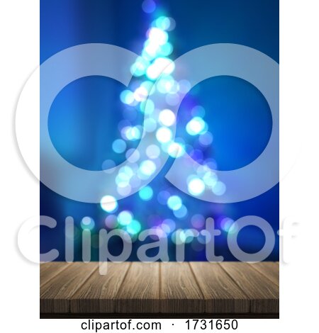 3D Wooden Table Looking out to a Defocussed Christmas Tree by KJ Pargeter