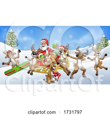 Christmas Fun Scene Santa Claus Sled and Reindeer by AtStockIllustration