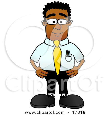 Clipart Picture of a Black Businessman Mascot Cartoon Character Standing With His Hands on His Hips While Supervising Employees by Mascot Junction