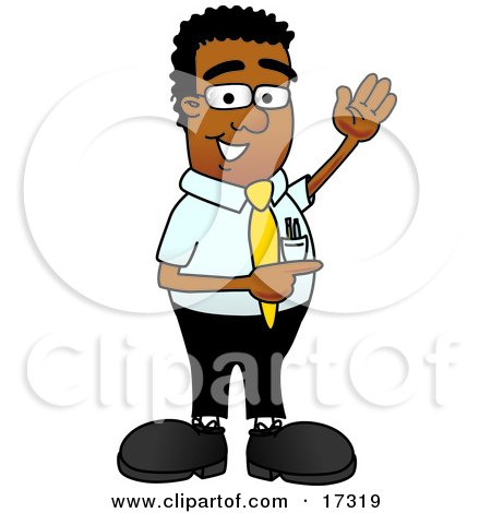Clipart Picture of a Black Businessman Mascot Cartoon Character Waving and Pointing to the Right by Mascot Junction