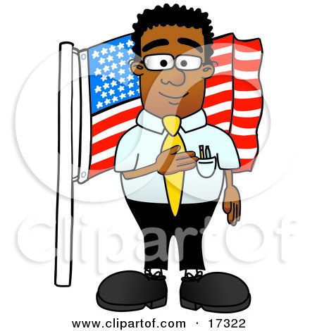 Clipart Picture of a Patriotic Black Businessman Mascot Cartoon Character Pledging Allegiance to an American Flag by Mascot Junction