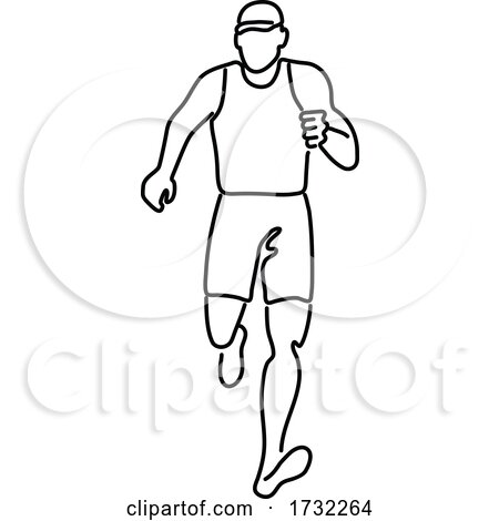 Male Marathon Runner Running Front View Line Drawing Black and White by patrimonio