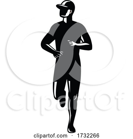 Silhouette of Country Marathon Runner Running Front View Retro Black and White by patrimonio