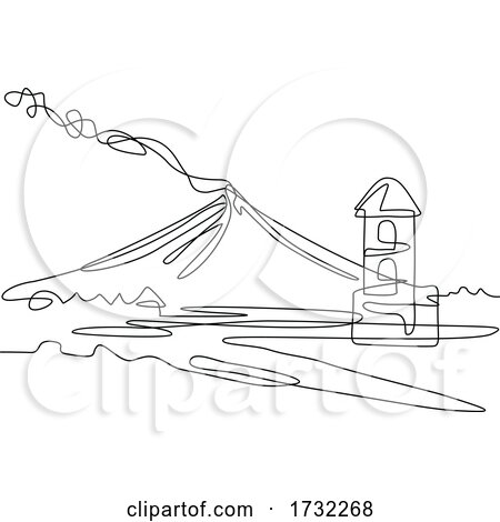 Mayon Volcano or Mount Mayon with Cagsawa Church Bell Tower Ruins Continuous Line Drawing by patrimonio