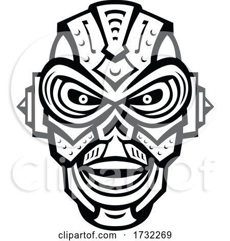 Angry Iron Skull Robot or Android Viewed from Front Mascot Retro Black and White Style by patrimonio
