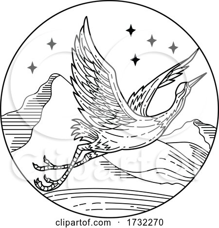 Great Blue Heron Flying over Mountains with Stars Circle Mono Line Style Black and White by patrimonio