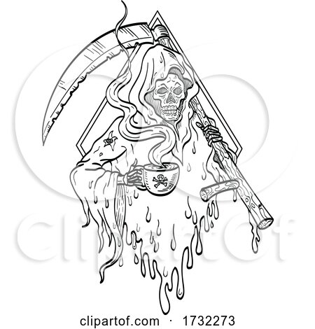 Grim Reaper Holding Smoking Hot Cup of Coffee and Scythe Tattoo Line Drawing Black and White by patrimonio