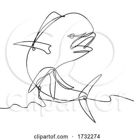 Mahi-mahi or Common Dolphinfish Jumping up Continuous Line Drawing Black and White by patrimonio