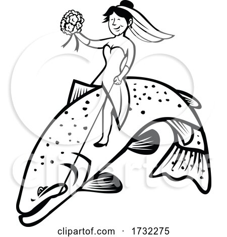 Bride Female Fisherman with Flower Bouquet Riding a Steelhead Trout Cartoon Black and White by patrimonio