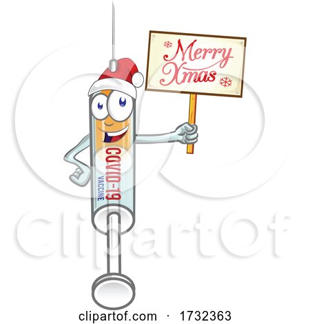 Covid 19 Syringe Vaccine Mascot Character Holding a Merry Xmas Sign by Domenico Condello