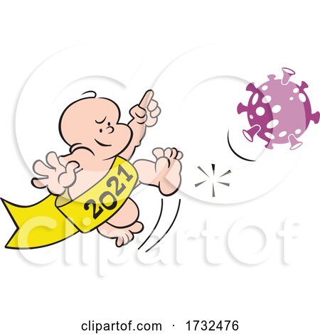 Cartoon New Year 2021 Baby Kicking a Corona Virus by Johnny Sajem