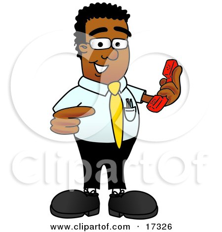 Clipart Picture of a Black Businessman Mascot Cartoon Character Holding a Telephone by Mascot Junction