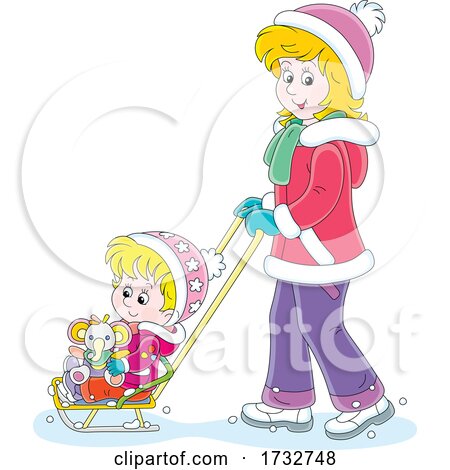Mother Pushing Her Daughter in a Sled Stoller by Alex Bannykh