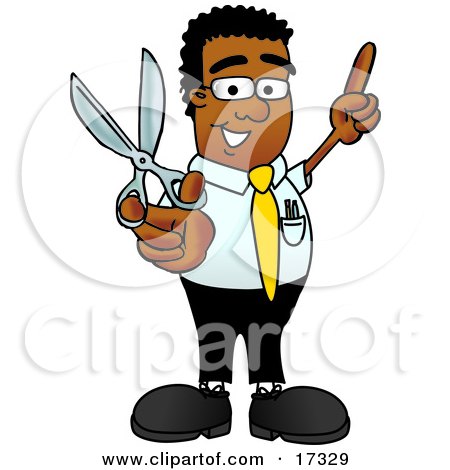 Clipart Picture of a Black Businessman Mascot Cartoon Character Holding a Pair of Scissors by Mascot Junction