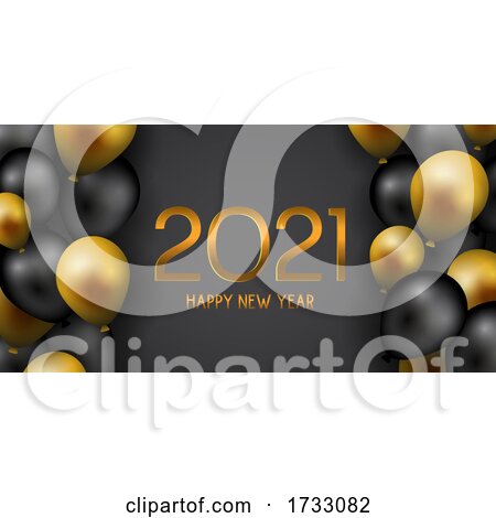 Happy New Year Banner with Gold and Black Balloons by KJ Pargeter