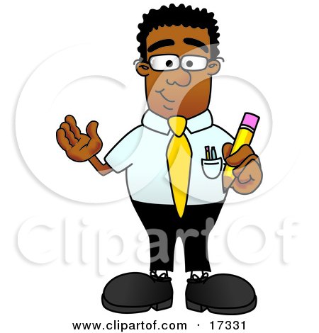 Clipart Picture of a Black Businessman Mascot Cartoon Character Holding a Yellow Pencil by Mascot Junction
