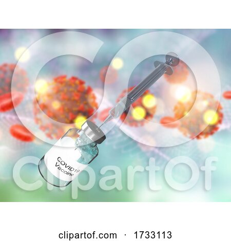 3D Medical Background with Syringe and Vaccine on Covid 19 Virus Cells and Blood Cells by KJ Pargeter