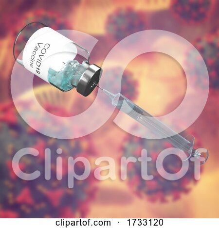 3D Medical Background with Covid Vaccine and Syringe Against Virus Cell Image by KJ Pargeter