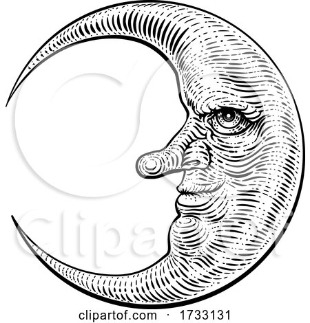 Moon Face Woodcut Drawing Retro Vintage Engraving by AtStockIllustration