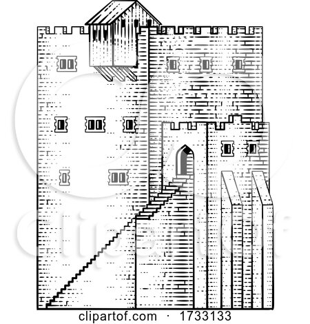 Castle Old Medieval Building Vintage Woodcut Style by AtStockIllustration