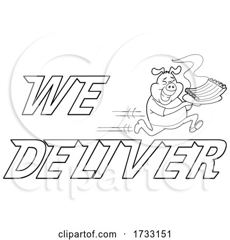 Outline Fast Running Pig with Ribs with We Deliver Text by LaffToon
