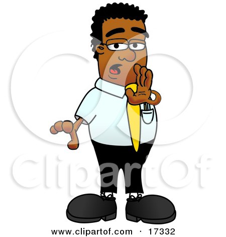 Clipart Picture of a Black Businessman Mascot Cartoon Character Whispering and Gossiping by Mascot Junction