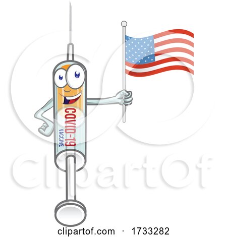 Covid 19 Syringe Vaccine Mascot Character Holding an American Flag by Domenico Condello