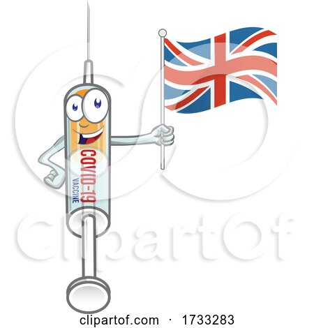 Covid 19 Syringe Vaccine Mascot Character Holding a UK Flag by Domenico Condello