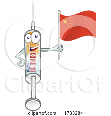 Covid 19 Syringe Vaccine Mascot Character Holding a Chinese Flag by Domenico Condello