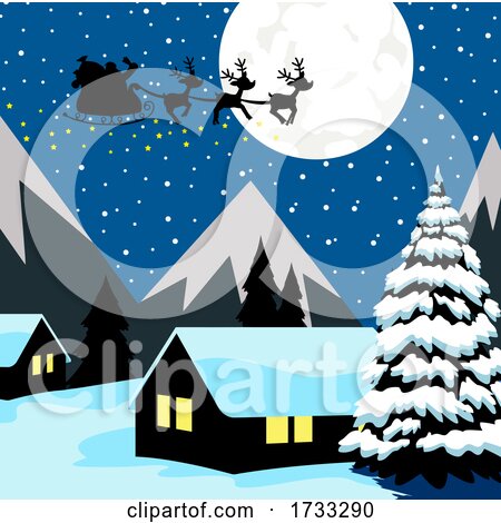 Silhouette of Santa and Magic Reindeer over a Village by Hit Toon